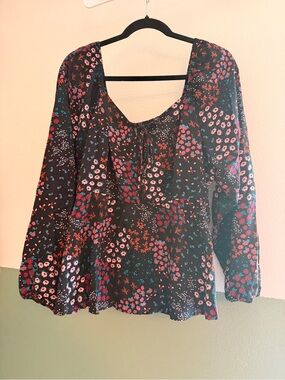 torrid Black Floral Peasant Blouse with Tie Neck